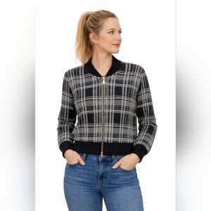 MARELLA Black and White Plaid Bomber Jacket  Knit Cardigan Gold Zipper L